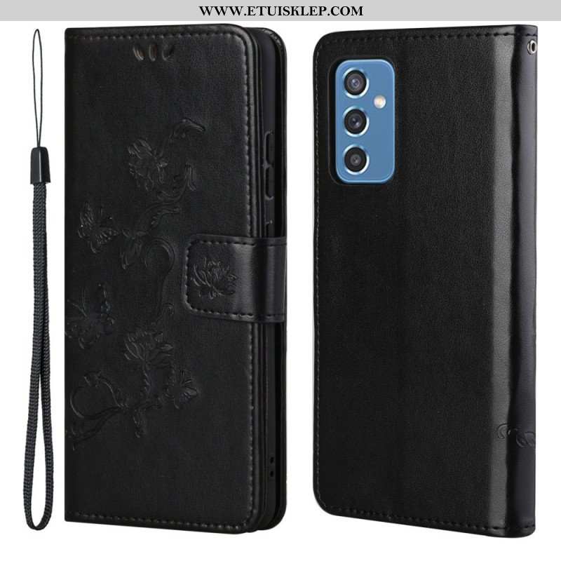 Etui Folio do Samsung Galaxy M52 5G z Łańcuch Pasek W Motyle I Kwiaty